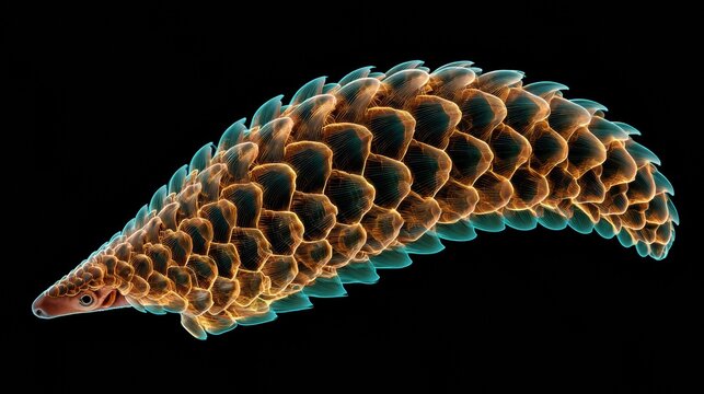 This artwork displays an enlarged pangolin scale with amber gold and teal edge glow, highlighting texture on a black background.
