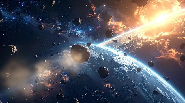 A dramatic asteroid field in space orbits a planet as a bright sun illuminates the scene