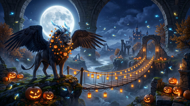 Winged lion creature with glowing pumpkin garland standing by a misty stone bridge under a full moon