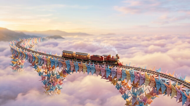Surreal steam train traveling on a bridge made of colorful origami paper cranes above fluffy clouds