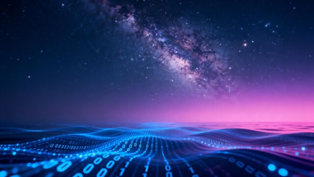 Digital binary waves under starry sky