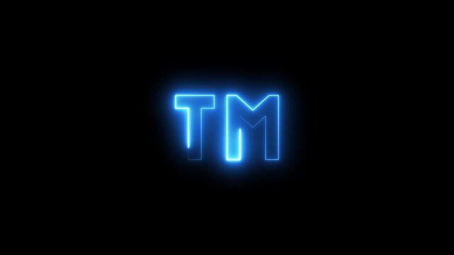 Glowing blue neon trademark tm symbol animation on black background