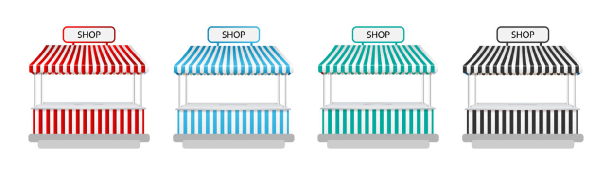 Set of four colorful market stalls or street shops with striped awnings in different color themes.
