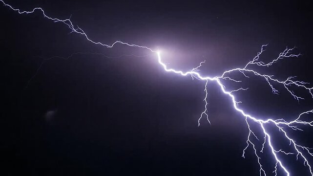 Powerful lightning strikes illuminate a dark and stormy night sky with dramatic intensity