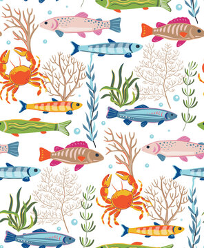 Vector summer seamless pattern. Hand drawn illustration with fish and seaweed. Mediterranean beach surface print design, summer vacation endless background