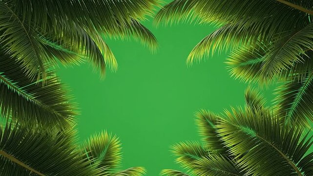 Lush green palm leaves form a natural frame against a vibrant solid background for summer designs