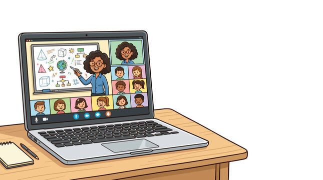 Laptop showing a virtual classroom with a teacher and students