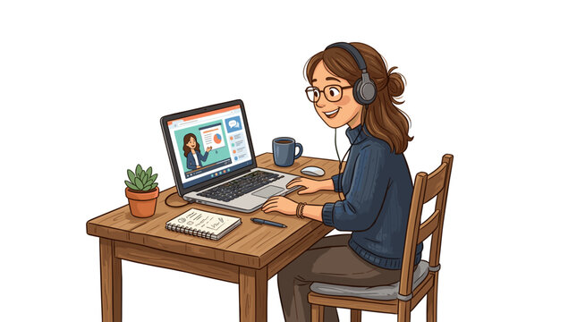 Young woman studying online with laptop and headphones at home
