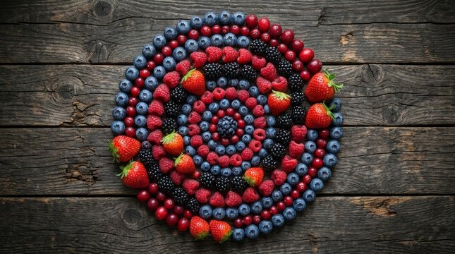 Symmetrical berry mandala featuring strawberries raspberries and blueberries on old wood