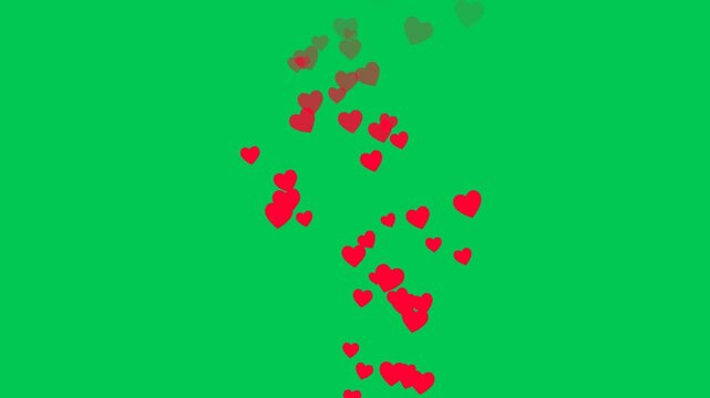 Heart symbols in red drifting upwards with jitter motion on a chroma key green screen background for video.