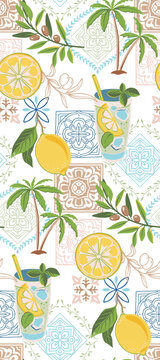 Vector summer seamless pattern. Hand drawn illustration with olive branches, lemons. Mediterranean beach surface print design, summer vacation endless background