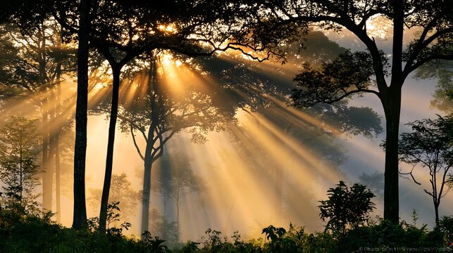 Ethereal Eden: Golden Sunbeams Piercing the Ancient Morning Mist of Dja Faunal Reserve