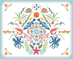 Cute vector summer cards with sea animals, palm tree, shell. Bright colorful poster. © natality