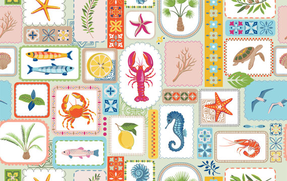 Vector summer seamless pattern. Hand drawn illustration with sea animals, shells, fish. Mediterranean beach surface print design, summer vacation endless background