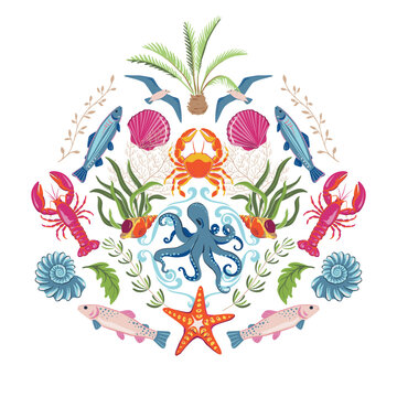 Cute vector summer cards with sea animals, palm tree, shell. Bright colorful poster.