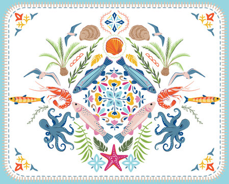 Cute vector summer cards with sea animals, palm tree, shell. Bright colorful poster.