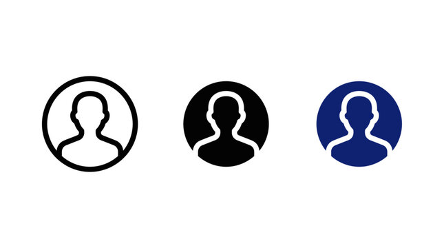 User profile picture avatar and default account login dashboard icon set with circular outline glyph and blue styles