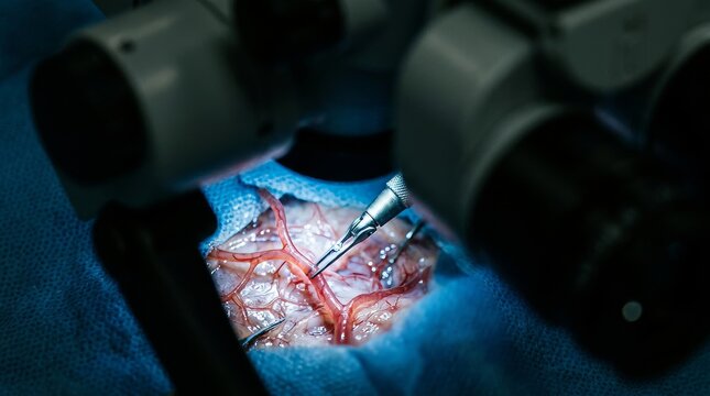 Microsurgical Procedure in Progress: Micro robotic instrument carefully manipulates delicate vascular tissue in the center of the illuminated field. 