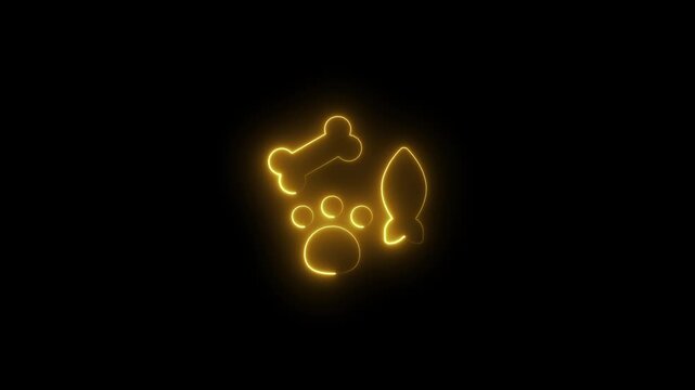 Glowing neon pet animation with bone, paw print, and fish symbols