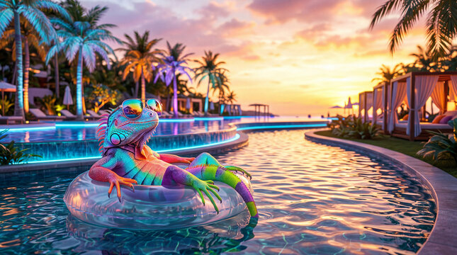 A colorful rainbow iguana wearing sunglasses lounges on an inflatable tube inside a luxury tropical swimming pool at sunset, peaceful resort relaxation, inspirational summer holiday.