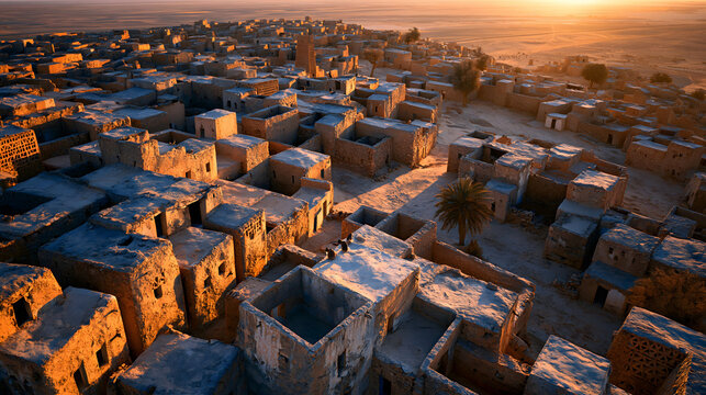 Desert Geometry: The Ancient Stone Labyrinth of Ouadane Bathed in Golden Sahara Light