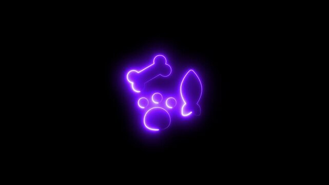 Neon pet care animation with paw print, bone, and fish symbols