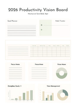 Minimalist annual organizational template with performance data charts and routine monitoring lists for structured objective management