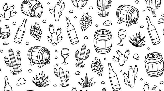 Wine cactus and barrel illustration pattern design.