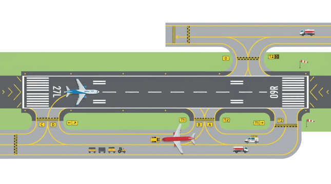 Illustrated airport runway with airplanes and vehicles in vector style