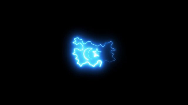 Glowing neon turkey map outline with crescent moon and star symbol animation