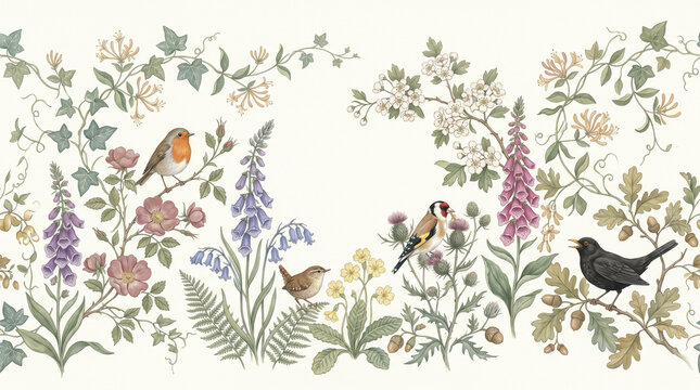 Botanical wall art border featuring British garden birds and wildflowers in vintage watercolor style for elegant interior wallpaper design