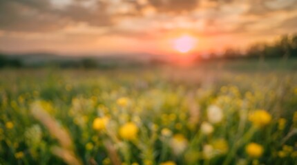 Fototapeta premium Golden Wildflower Meadow Glowing At Sunset With Dreamy Soft Focus Natural Landscape Beauty