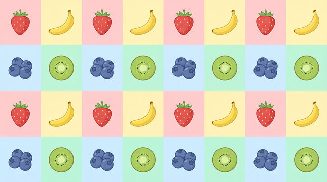 Seamless fruit pattern with strawberries bananas kiwi slices and blueberries on pastel color grid