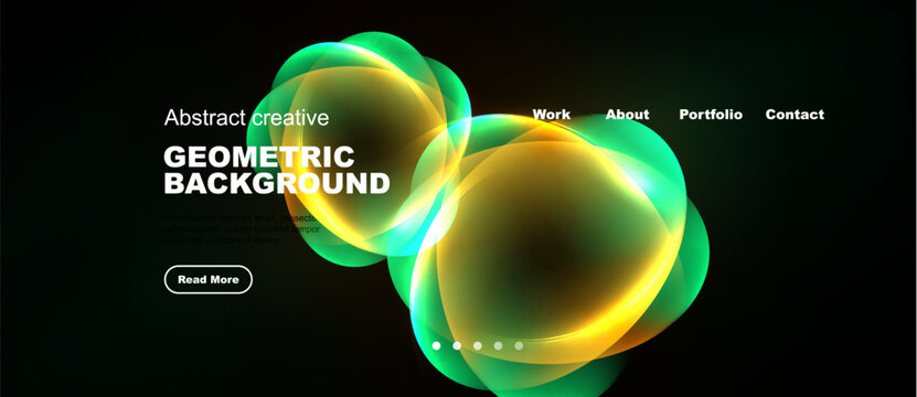 Dark background features vibrant green, yellow shapes. Text promotes geometric design, website navigation visible. Simple button present.