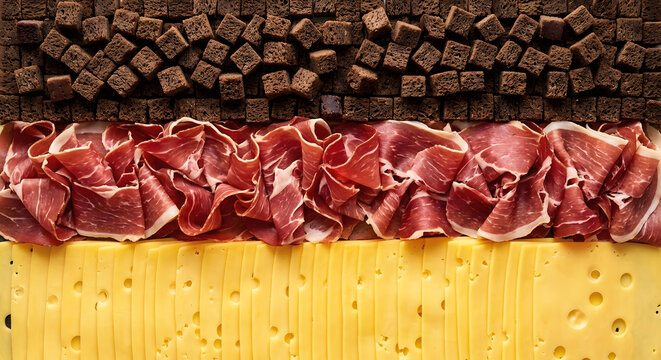 German flag made of food with pumpernikov bread, prosciutto ham and swiss cheese, culinary concept, Generative AI