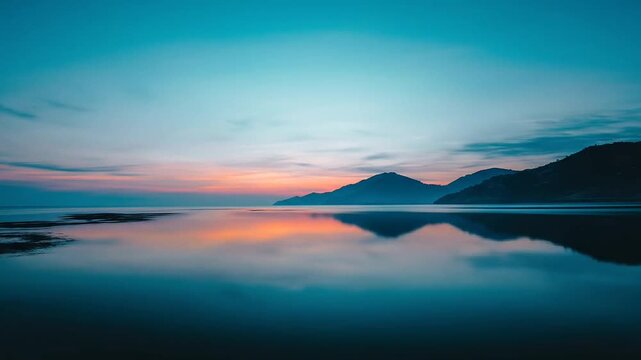 Peaceful sunset reflection on a calm mountain lake.