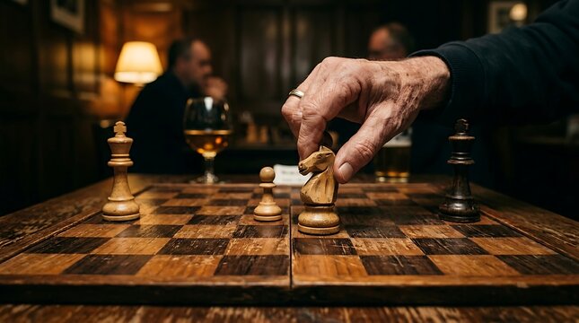 Close-up of a hand moving a chess piece on a wooden chessboard in a dimly lit room.