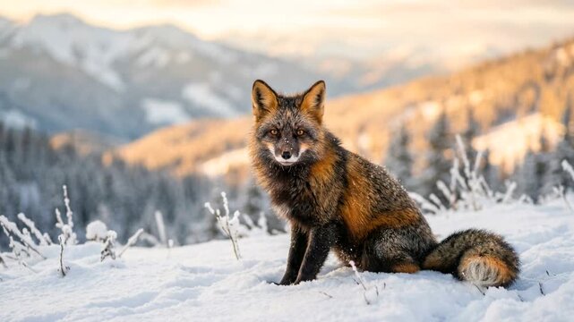 cross fox in yellowstone national park usa snow golden light close up video