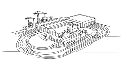 Obraz premium Industrial Construction Site with Cranes, Buildings, and Workers - Line Art