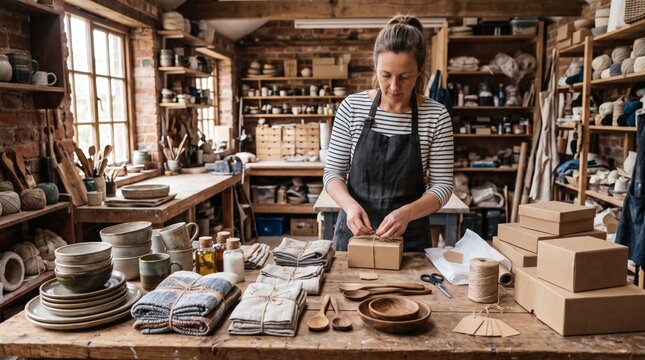Artisan woman packaging handmade ceramic pottery and textiles in a rustic workshop