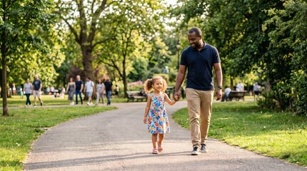 Fototapeta premium Father and daughter holding hands walking on park path surrounded by trees and green grass on a sunny day