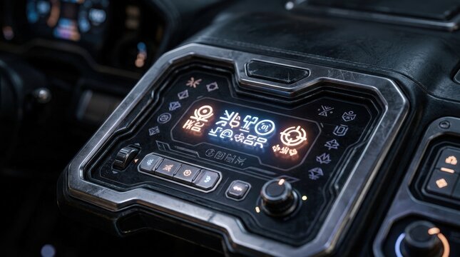 Dashboard interface with glowing neon symbols for a futuristic spaceship cockpit
