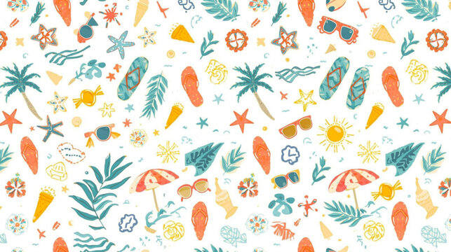 Seamless pattern with summer beach holiday icons, palm trees, flip-flops, surfboards, ice cream cones, suns, umbrellas, and starfish, creating a vibrant and joyful summer vibe