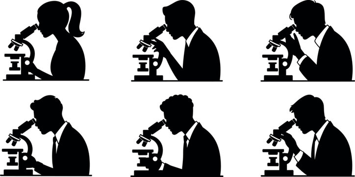 student silhouettes using microscope set for laboratory research science education biology and medical diagnostics icons