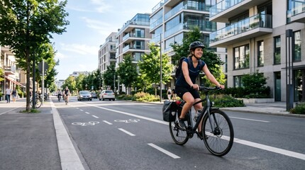 Fototapeta premium Woman cycling on a dedicated bike lane in a modern city with contemporary buildings and trees lining the street