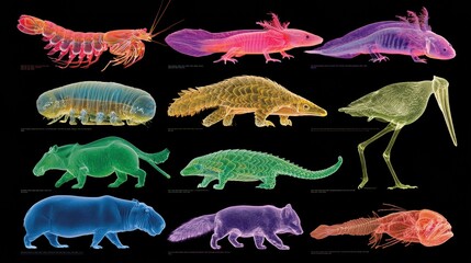 Fototapeta premium Ten unique animals with neon glow are shown in a wide scene on a pure black background, each outlined in its own bright color.