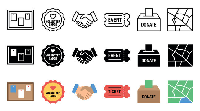 Community service event charity icons collection featuring various symbols for volunteering, donations, and local gatherings in different styles.