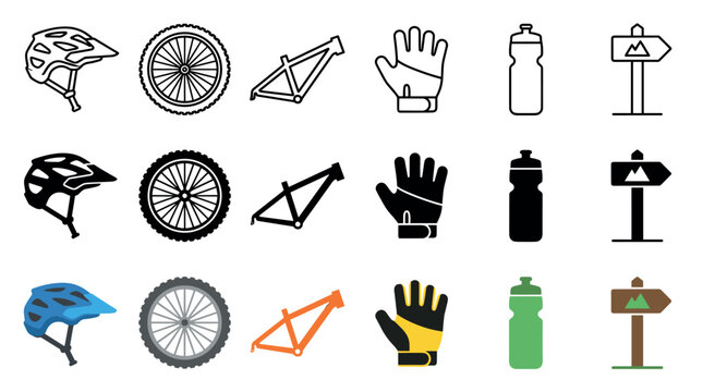 Various cycling and mountain biking equipment icons set showcasing helmets, wheels, frames, gloves, water bottles, and trail signs in different styles.