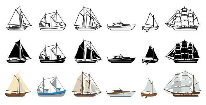 Various boats and ships collection featuring different types of marine vessels in outline, silhouette, and colored flat design styles.
