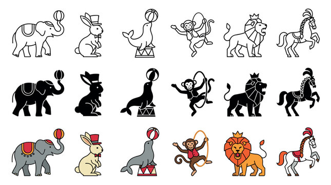 Collection of circus animal icons in various styles featuring elephants, rabbits, seals, monkeys, lions, and horses performing tricks.